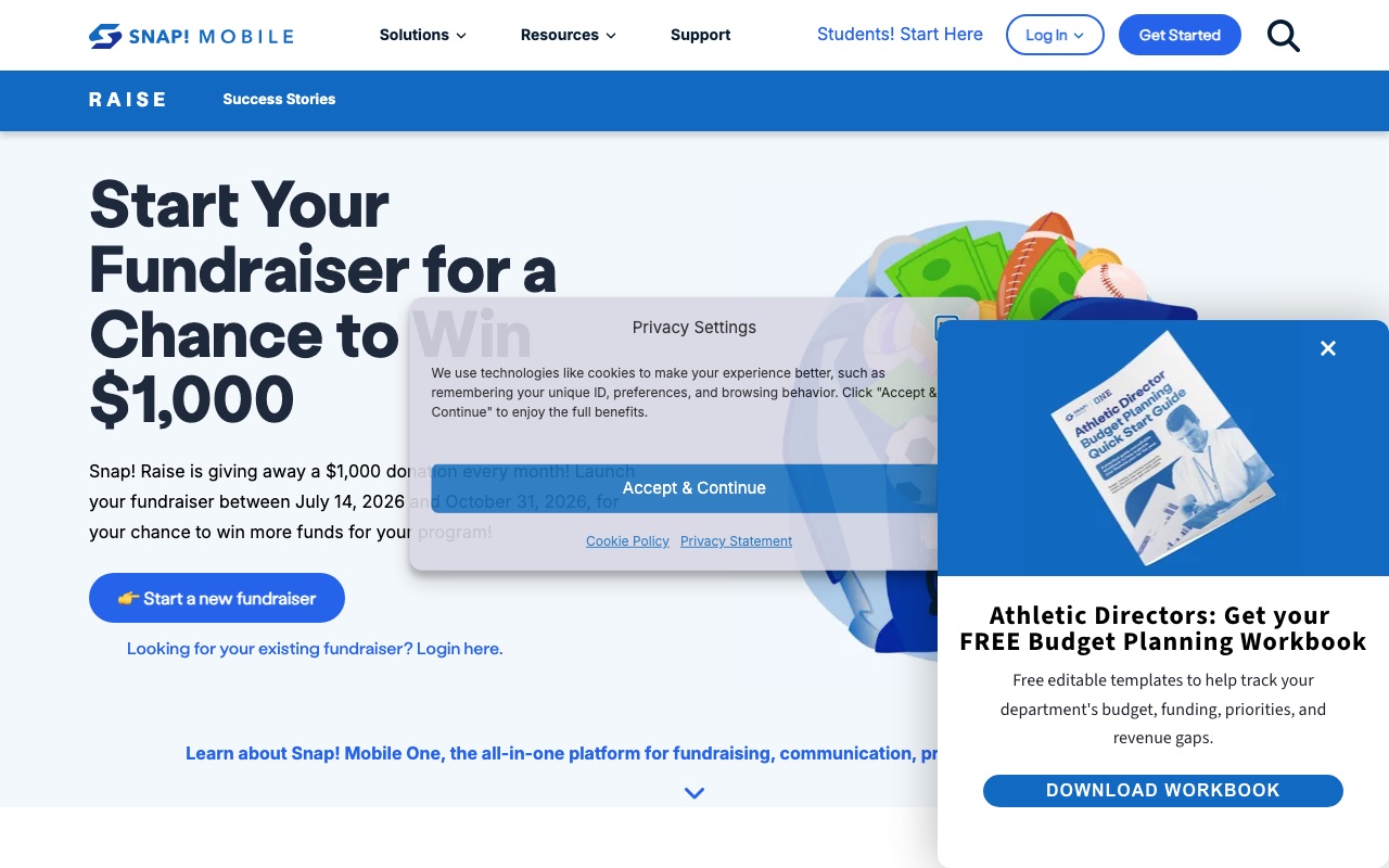 The Snap! Raise website homepage
